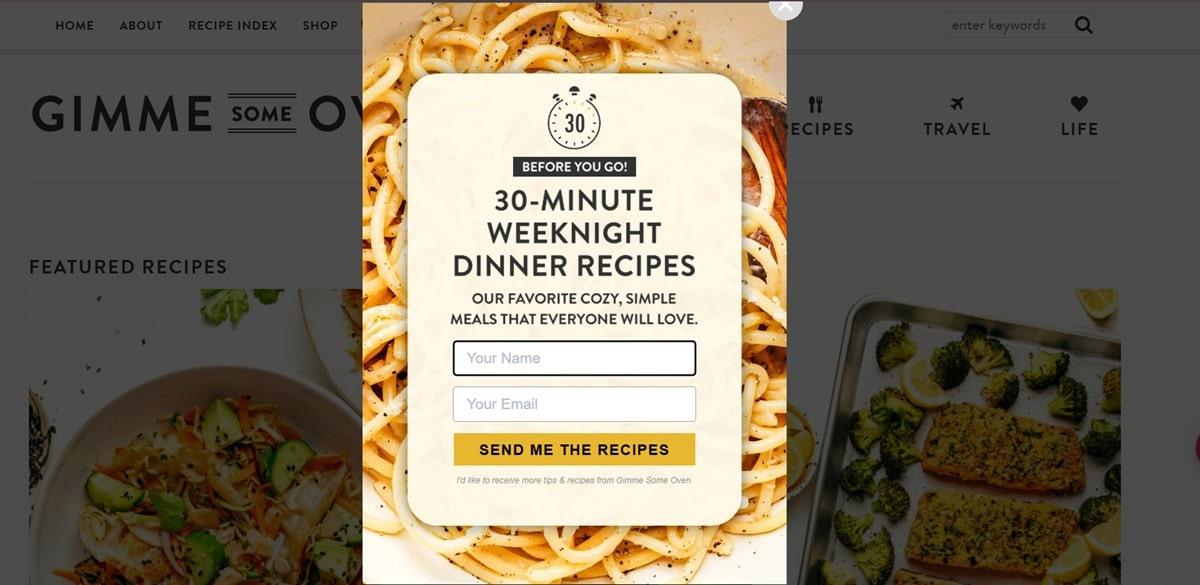 Gimme Some Oven lead generation splash page offering recipe downloads in exchange for email signup